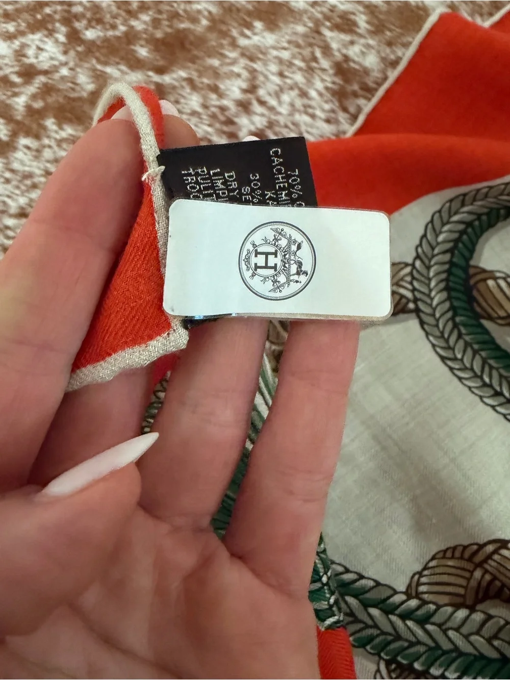 Hermes Red, Cream, Brown Equestrian Silk Scarf